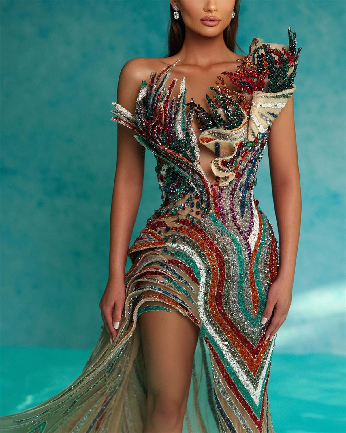 Women's Tube Top Slit Sequin Evening Dress