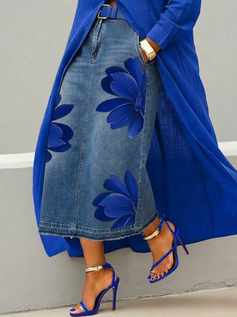 Casual Artistic Floral-print Denim Skirt