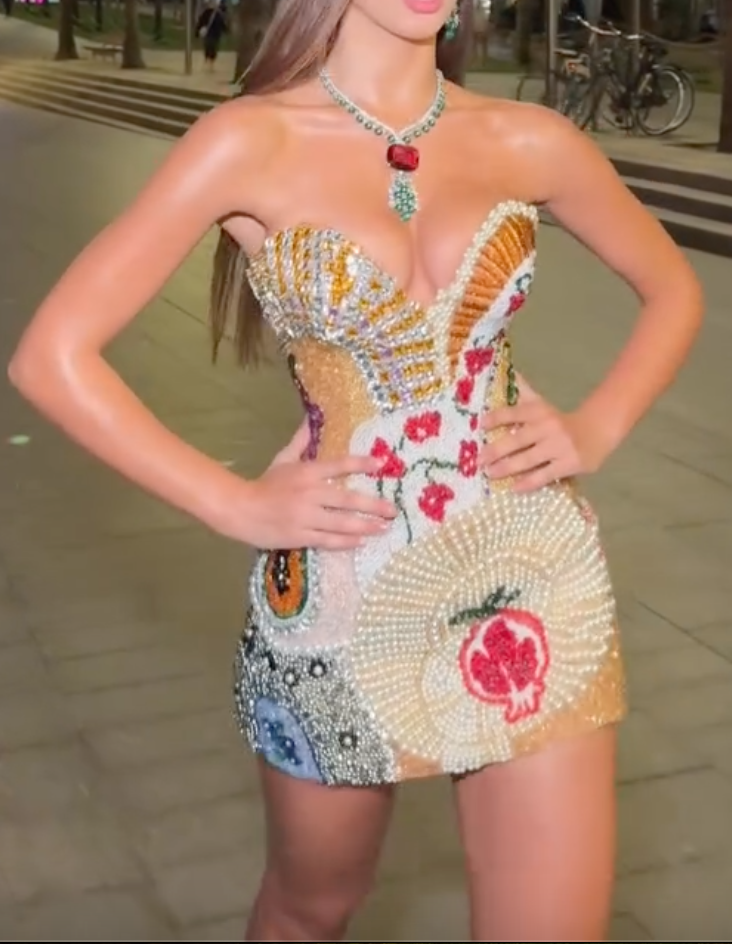 Multi-Color Pearl Beaded 3D Floral Strapless Mini Dress