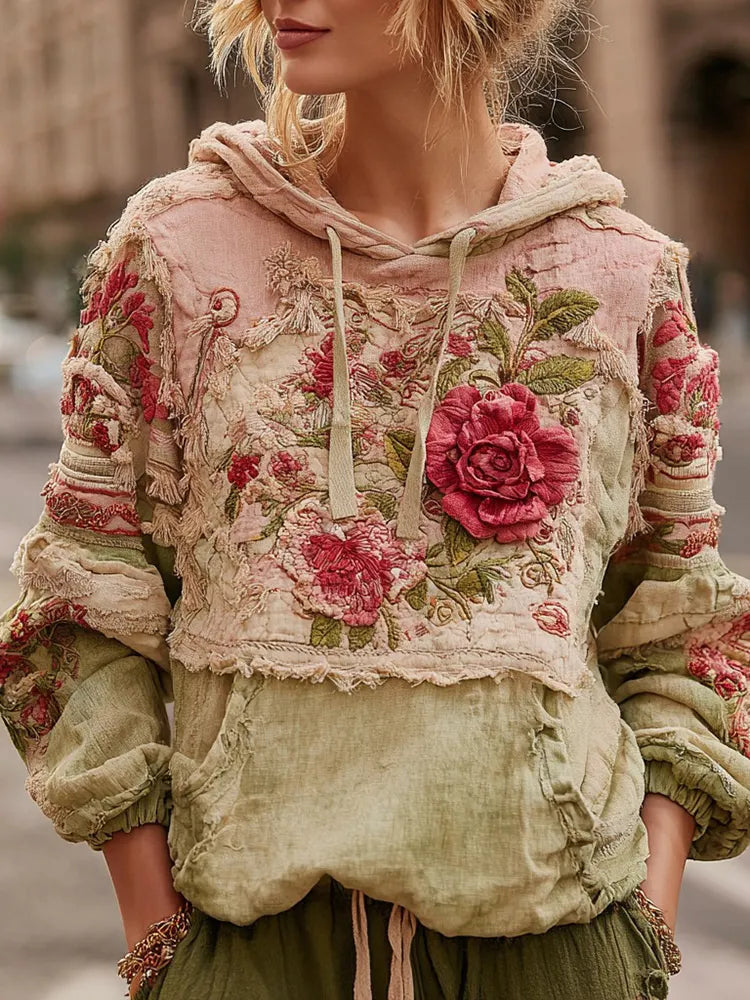 Women's Retro Floral Colorblock Casual Comfort Hooded Sweatshirt