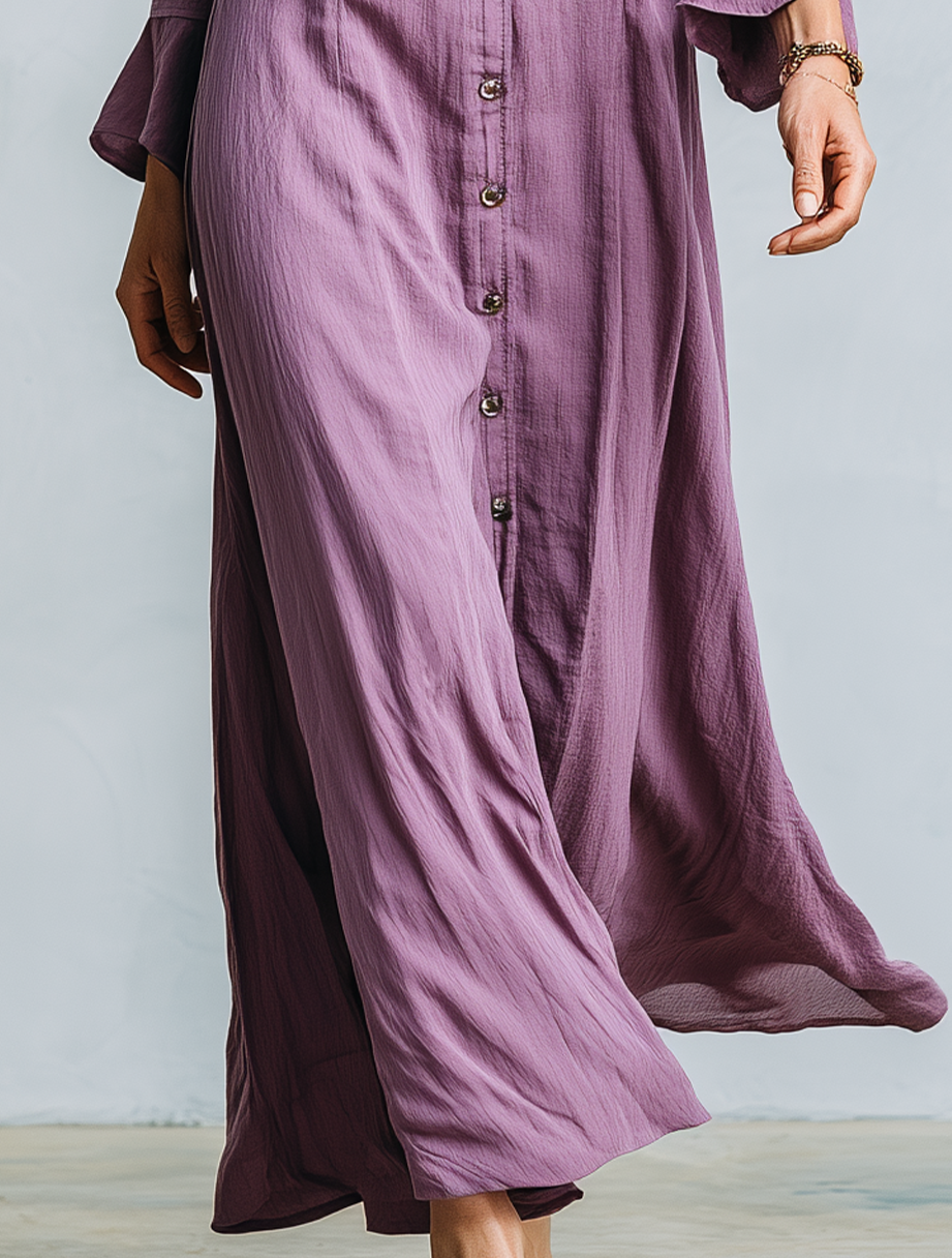 Romantic Purple Button Front V-Neck Long Sleeve Maxi Dress