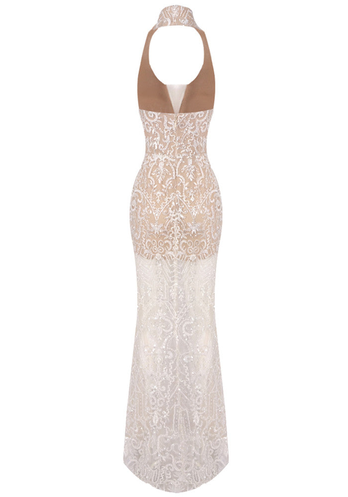 Halter Embellished Lace Maxi Dress Nude
