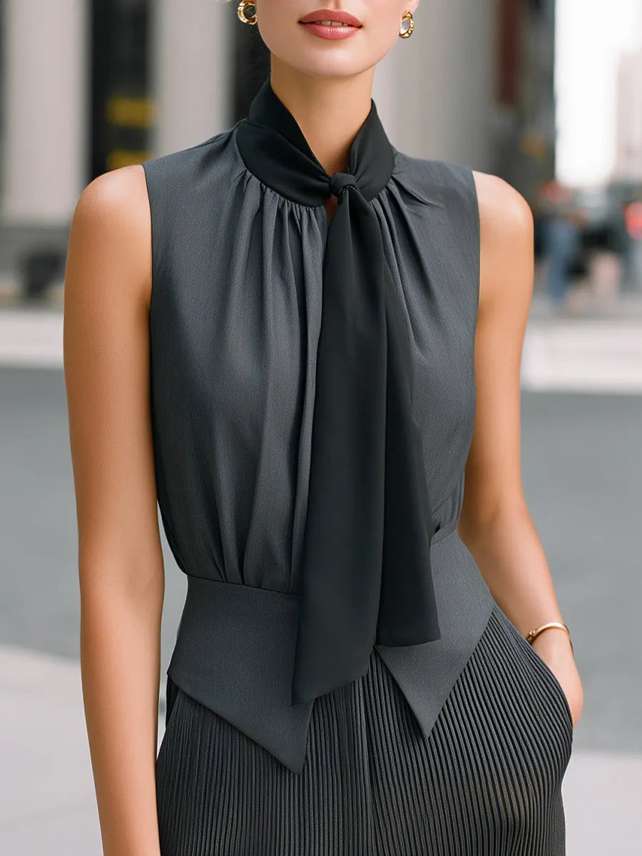 Sleeveless Tie-Neck Structured Peplum Top