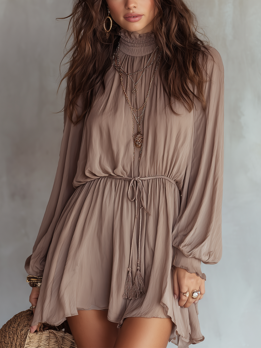 Soft Gathered Waist Long Sleeve Mini Dress