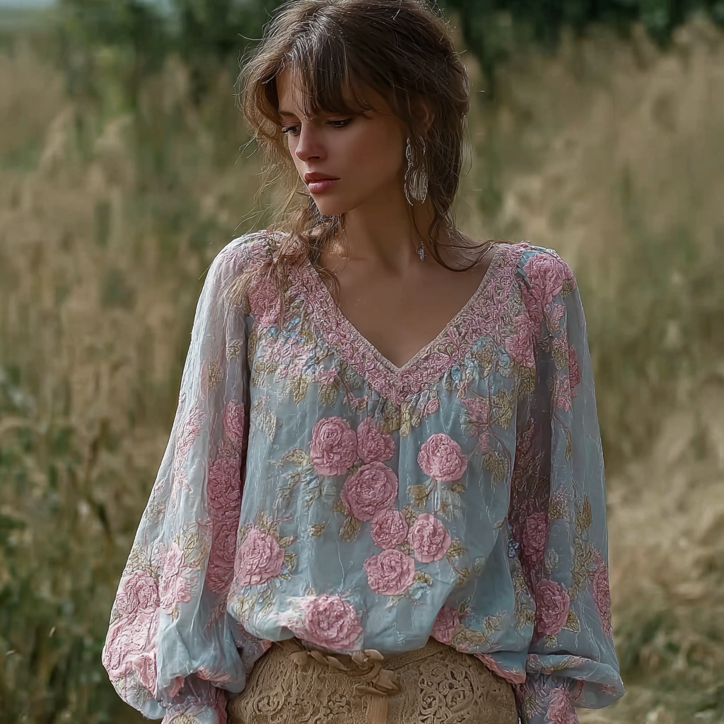 Bohemian Retro Countryside Plant Flower Pattern V-neck Top