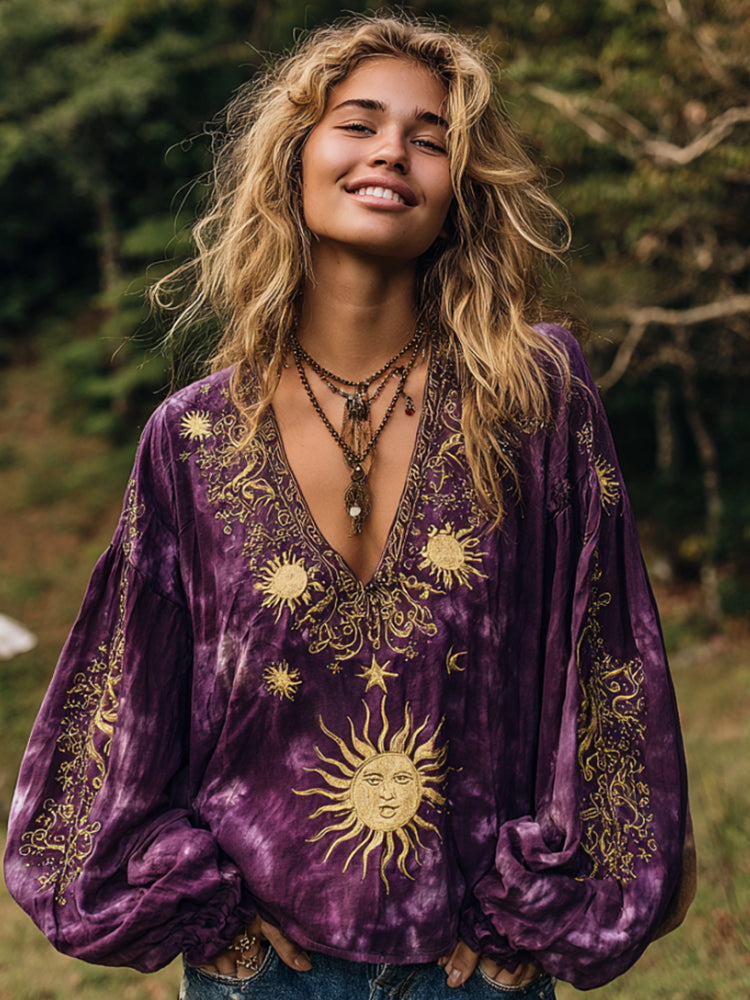Bohème Moon And Stars Golden Print V-neck Long Sleeve Top