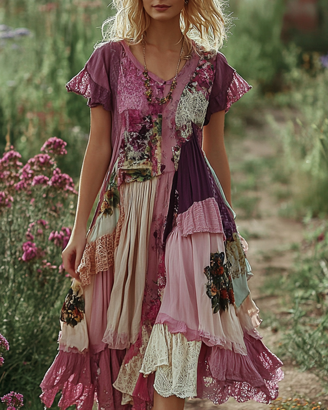 Summer Floral Embroidered Lace Patchwork Comfortable Linen Dress 596f