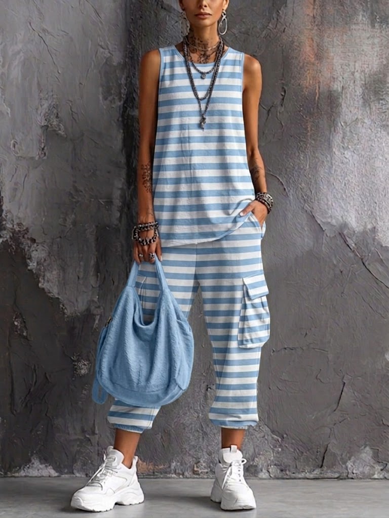 Casual Street Style Two-piece Set: Sleeveless Striped Cotton T-shirt And Striped Pants