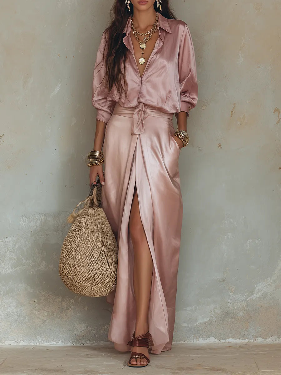 Rose-Lustre Satin Set — Modern Resort-Style Maxi Dress