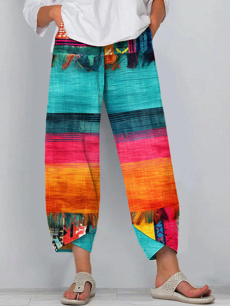 Boho Tassel Contrast Color Linen Blend Pants