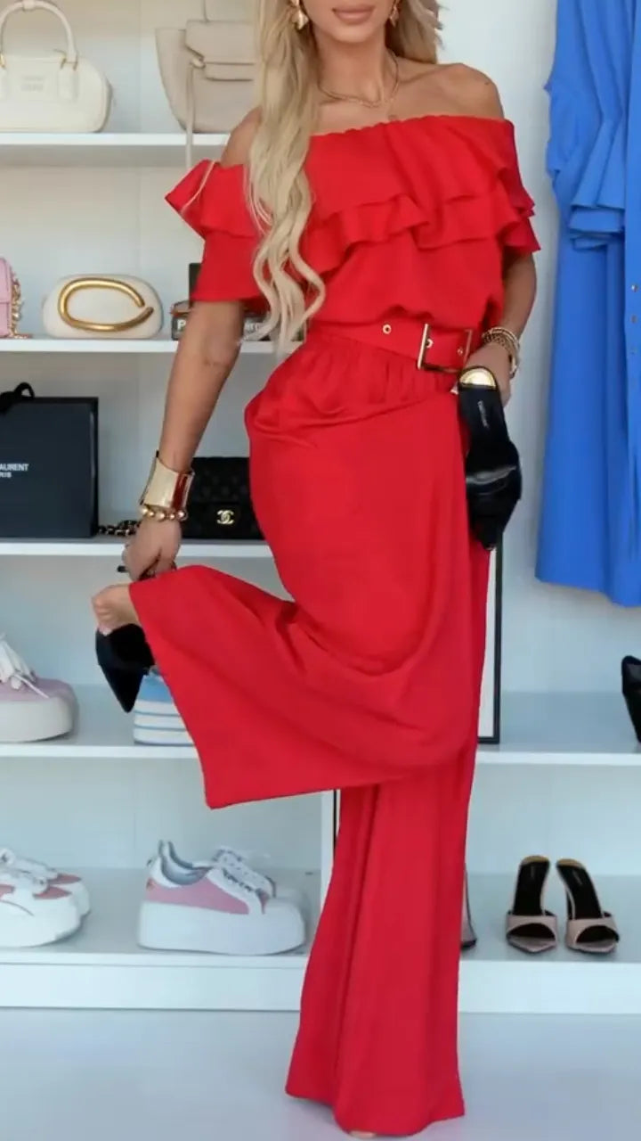 Off-Shoulder Ruffle Wide Leg Jumpsuit