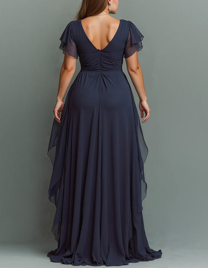 Solid Color V-neck Ruffled Chiffon Maxi Dress