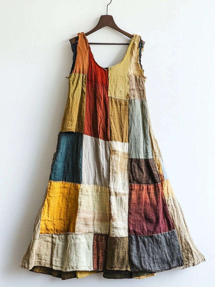 Vintage Multicolor Patchwork Linen Blend Dress 3113