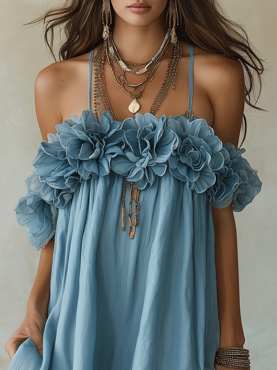 Romantic Coastal Linen Ruffle-Flower Halter Sky Blue Flowy Midi Dress