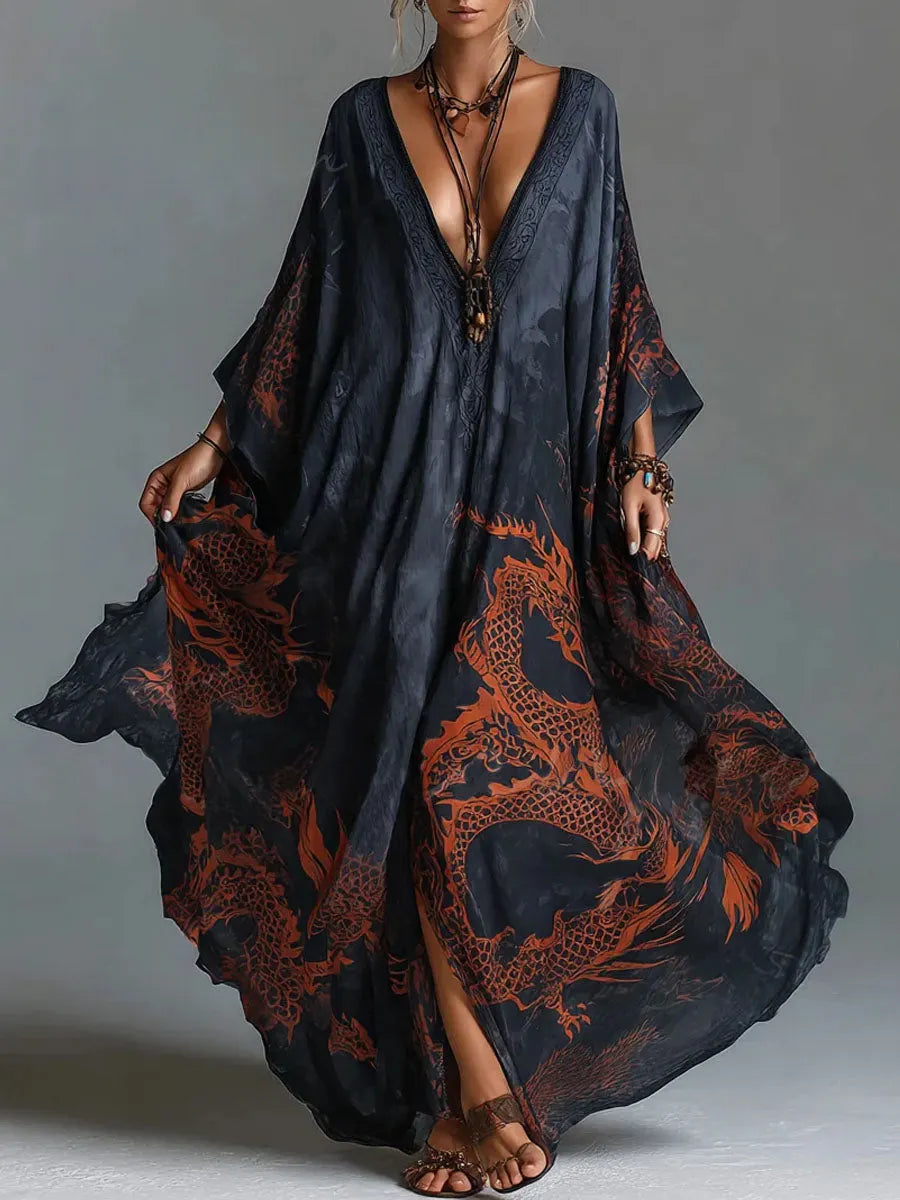Women's Vintage V-neck Long-sleeve Casual Loose Cotton-linen Dress With Placement Print