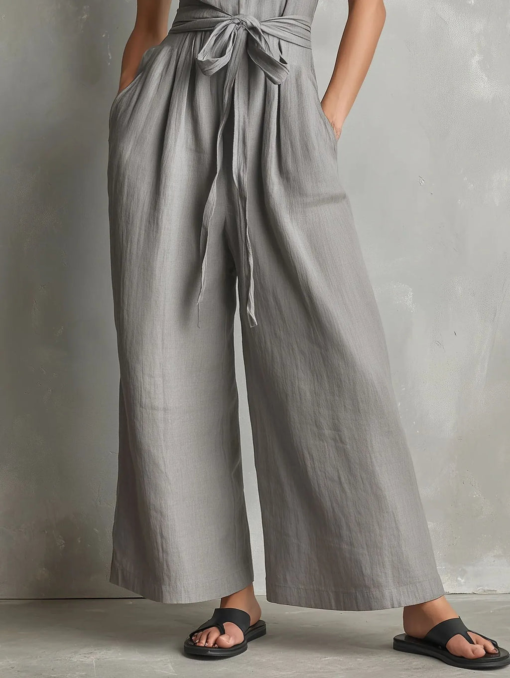 Gurtons Elegant Waist-Knot Jumpsuit - Sleeveless Wide-Leg One-Piece Quiet Luxury Set