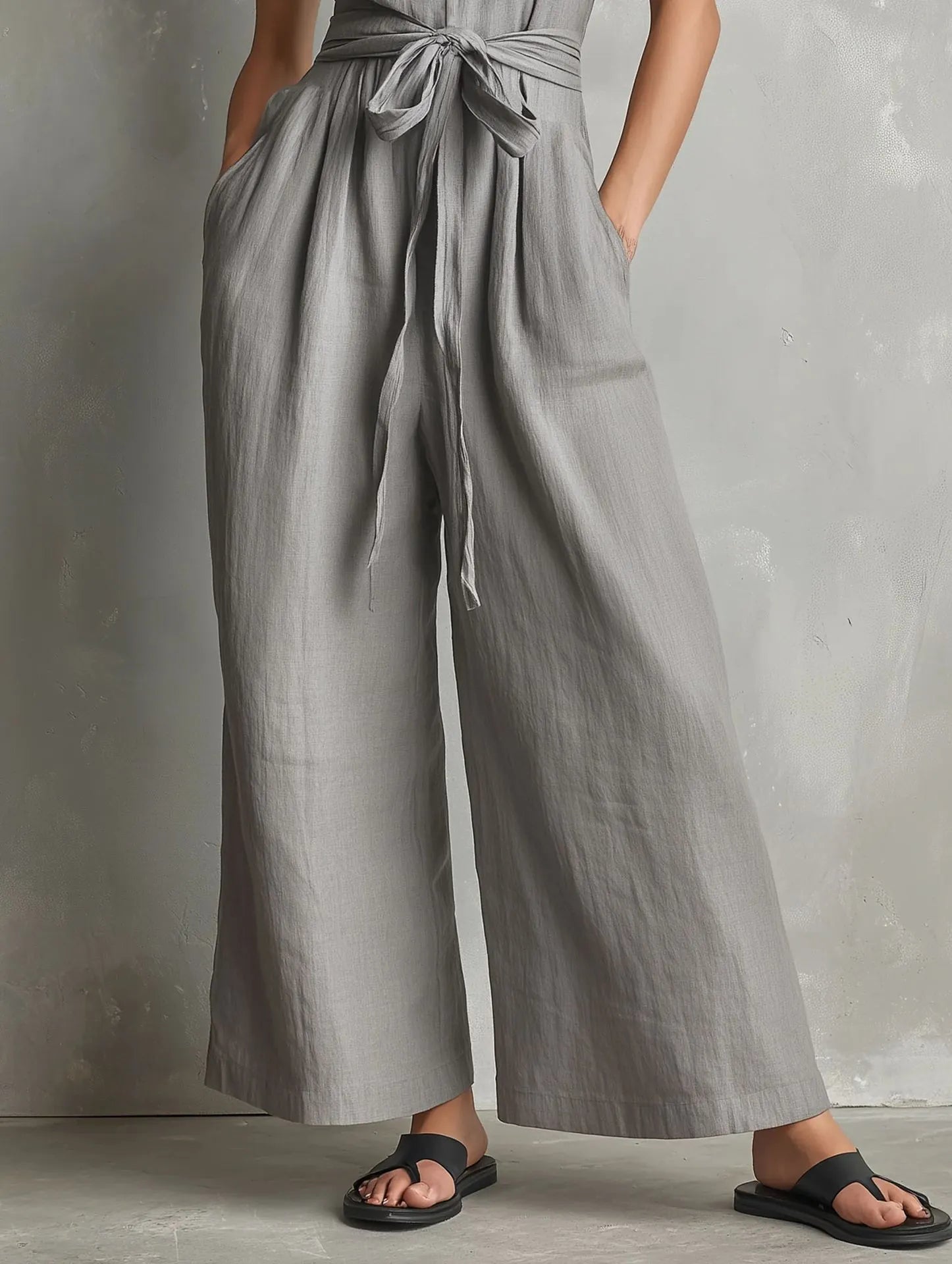 Gurtons Elegant Waist-Knot Jumpsuit - Sleeveless Wide-Leg One-Piece Quiet Luxury Set