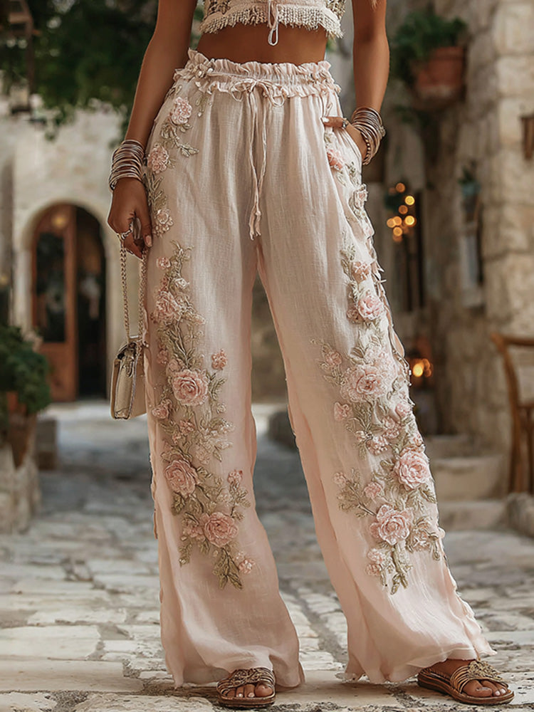 Women's Boho Pink Rose Embroidery Art Linen Blend Pants