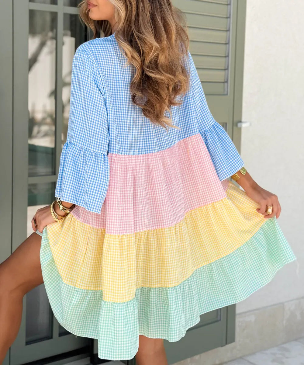 Colorful Gingham Patchwork Tiered  Dressess