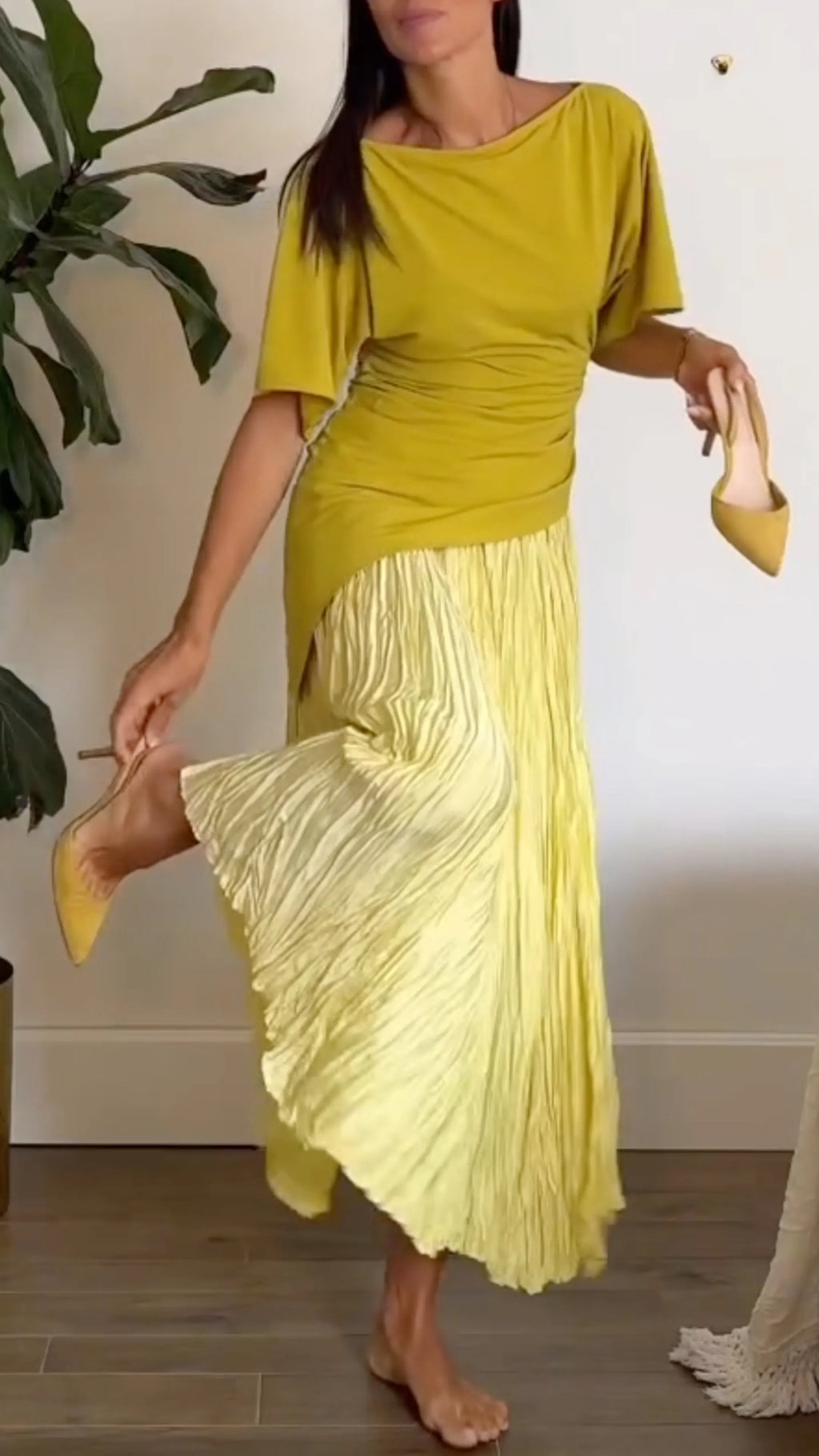 Draped Top & Crinkle Pleated Midi Skirt Co‑Ord Set