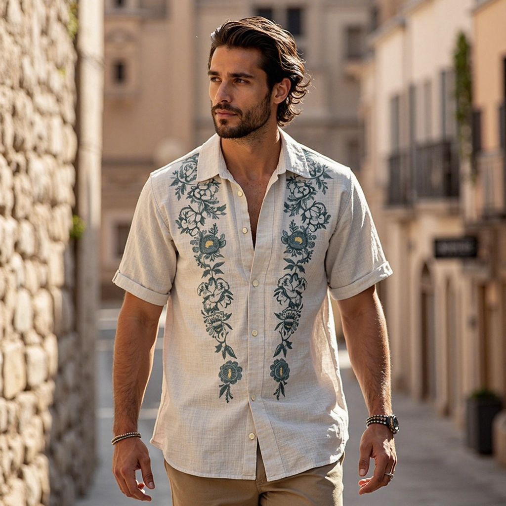 Men's Boho Floral Embroidered Linen Shirt