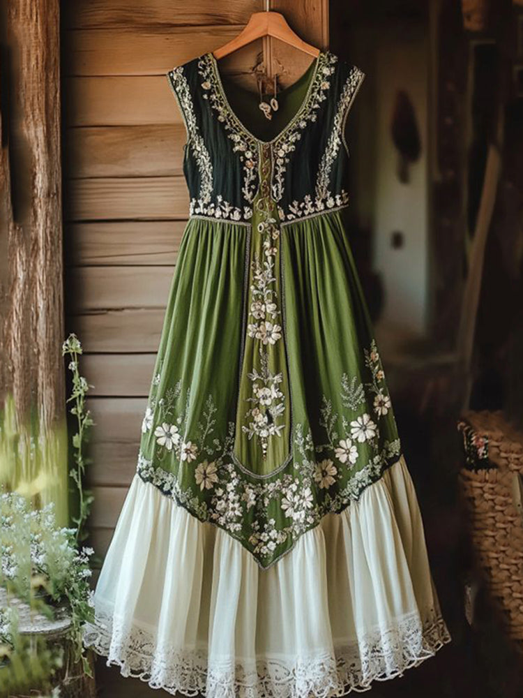 Vintage Tribal Embroidered Floral Art Linen Maxi Dress