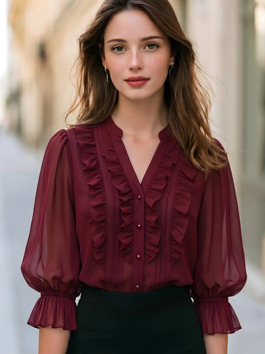 Ruffled V-Neck Chiffon Blouse