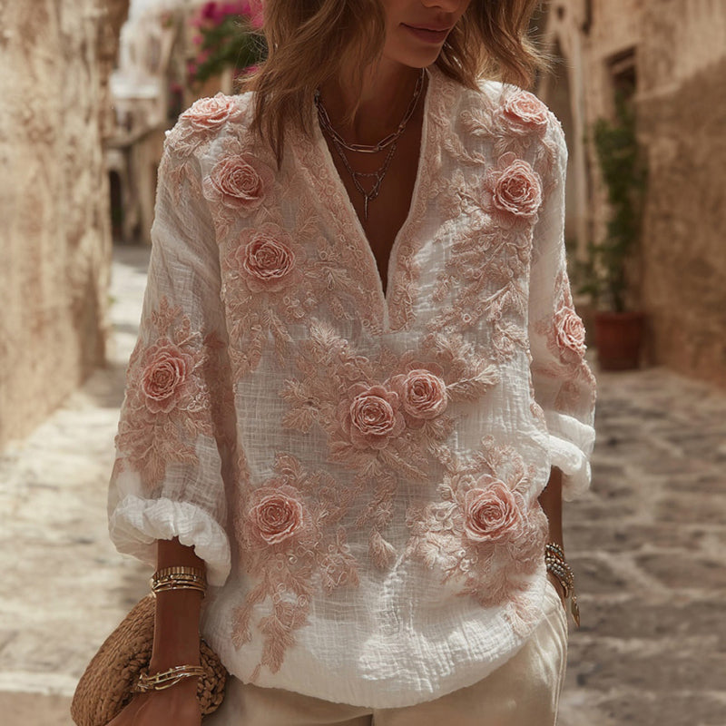 Women's Rose Floral Embroidery Linen V-neck T-shirt