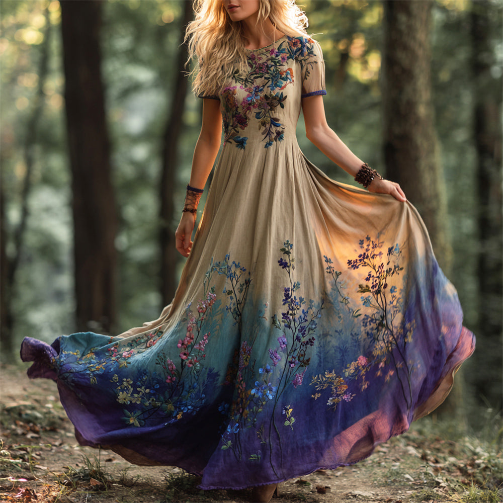 Boho Vintage Ethnic Floral Art Women's Linen Short Sleeve Flowy Maxi Dress
