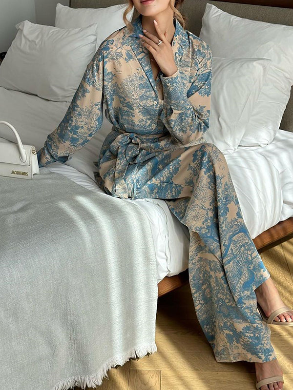 Buttoned Printed Tied Waist High Waisted Long Sleeves Notched Collar Two Pieces Set Pants Set