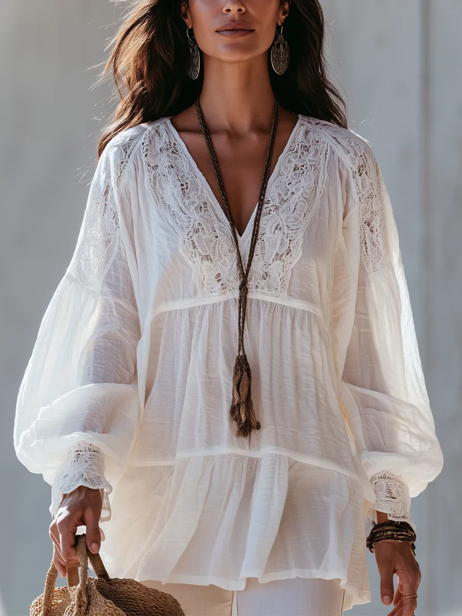 Elegant Ivory Lace Trim Peasant Blouse
