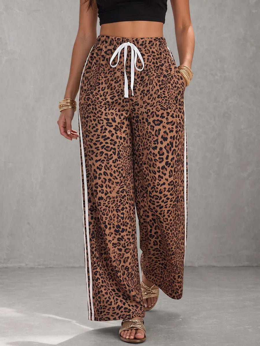 Striped Pockets Leopard Elasticity Drawstring Contrast Color Wide Leg Loose Trousers Pants