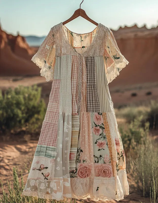 Vintage Summer Print Patchwork Dress f107