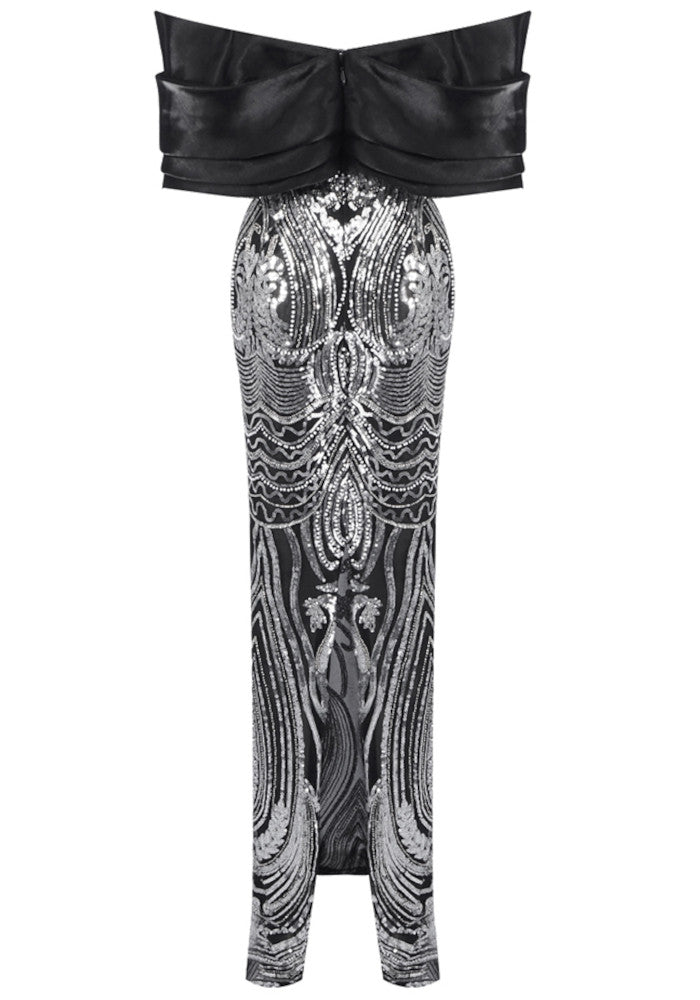 Draped Bardot Sequin Maxi Dress Black