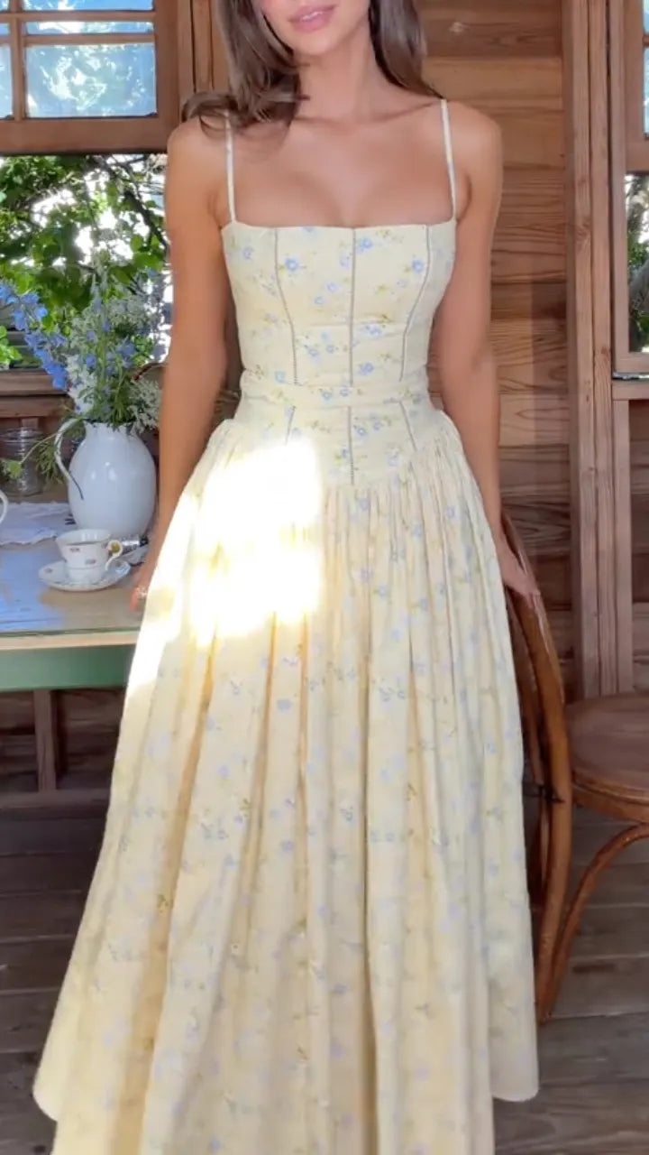 Yellow Floral Spaghetti Strap Maxi Dress