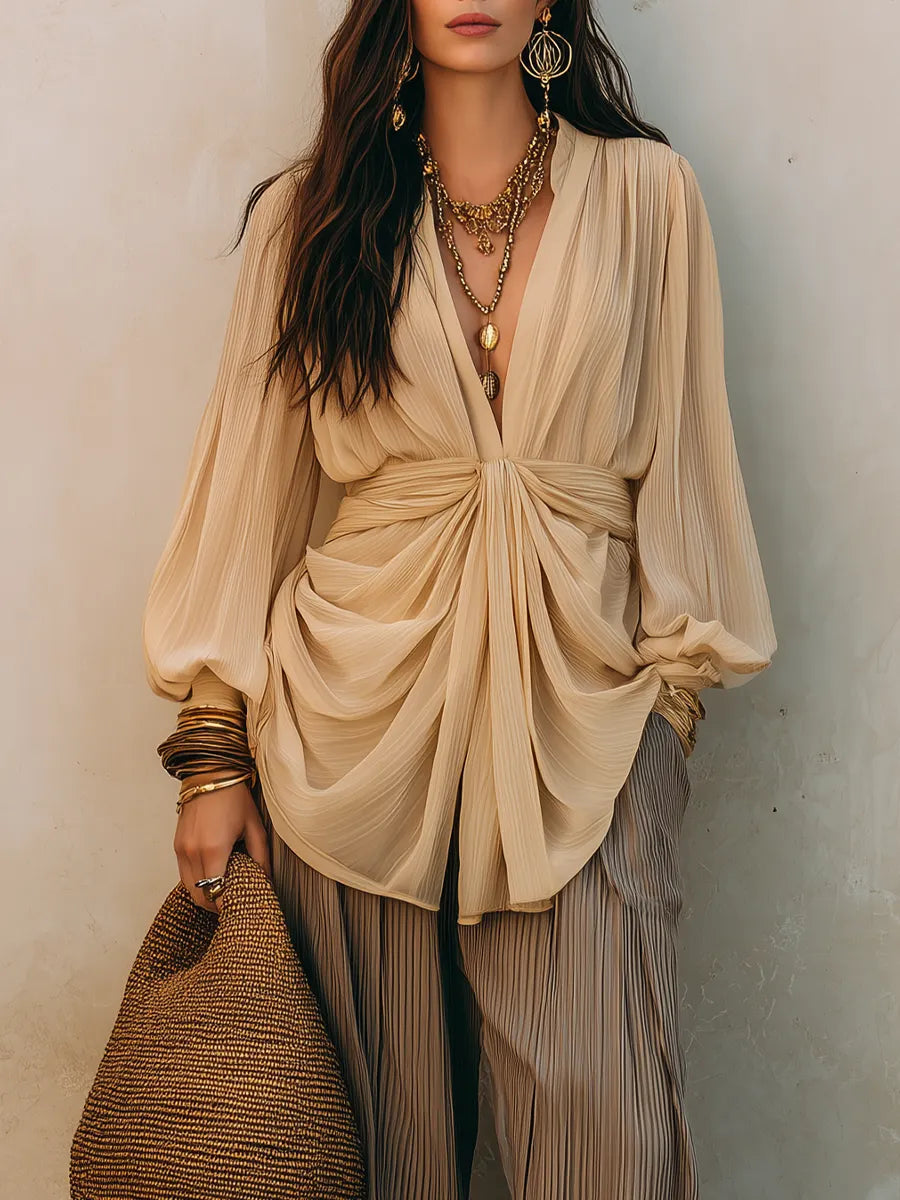 Beige Draped Blouse & Pleated  – Effortless Boho Luxe Wide-Leg Pants