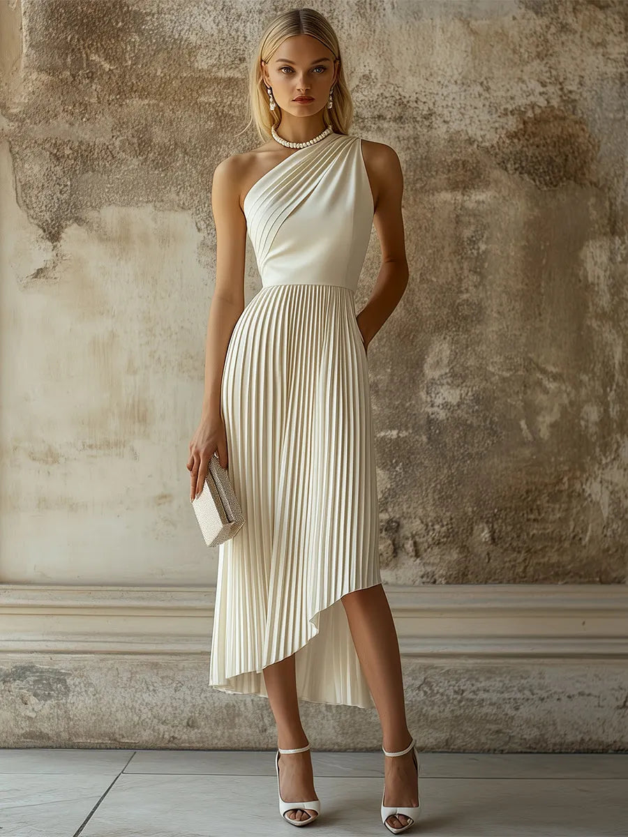 [24-hour shipping out]Elegant High-end Evening Gown White Pleated Sleeveless Midi Dress