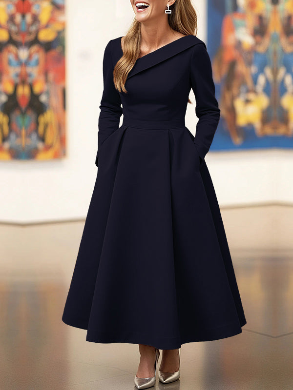 A-Line High Waisted Pleated Pockets Solid Color V-Neck Maxi Dresses