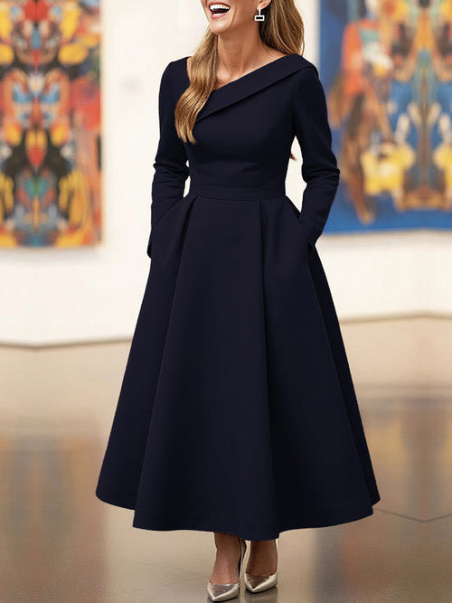 A-Line High Waisted Pleated Pockets Solid Color V-Neck Maxi Dresses
