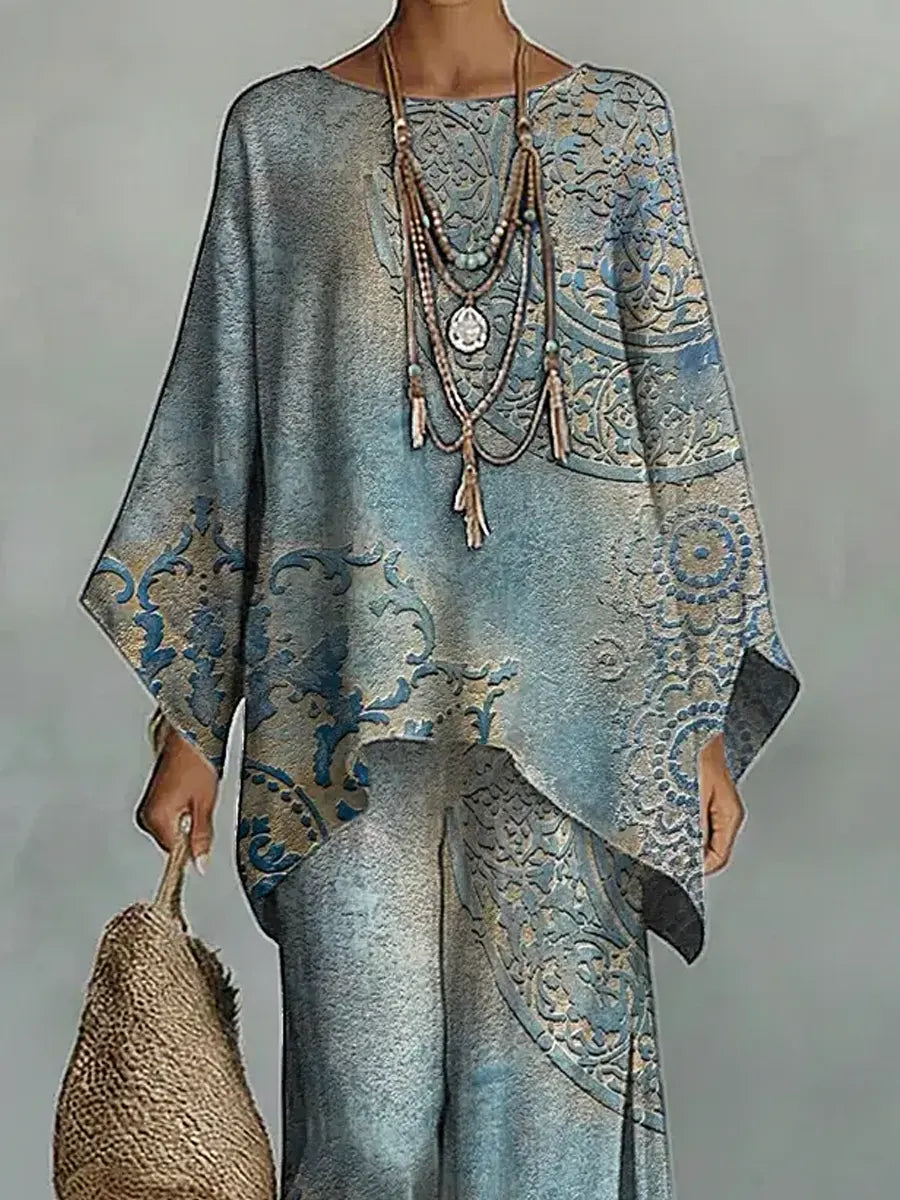 Women's Vintage Floral Art Comfortable Loose Cotton Linen Wide-leg Pants Two-piece Set