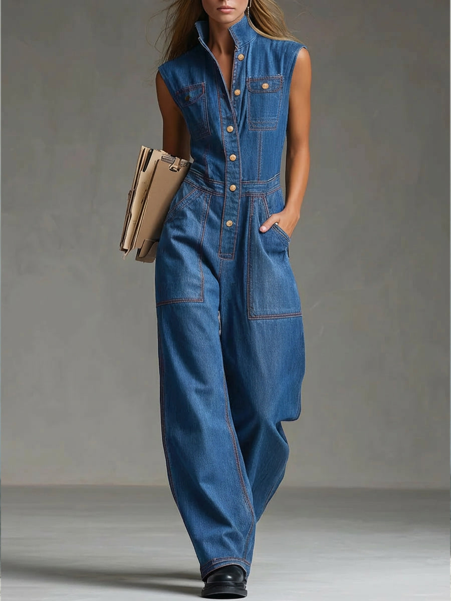 Women's Casual Sleeveless Cotton Denim Jumpsuit
