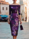 Off-Shoulder Floral Print Structured Midi Dress
