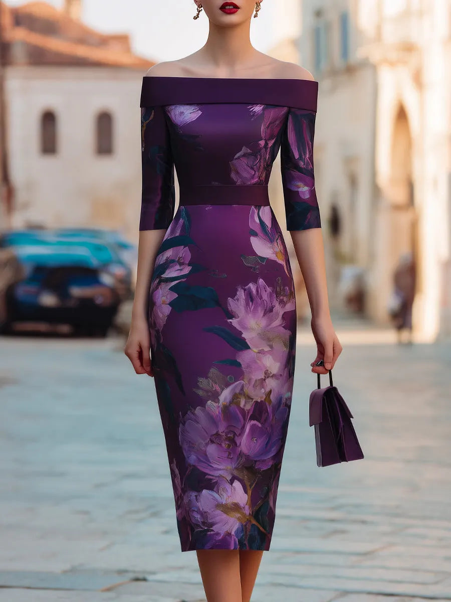 Off-Shoulder Floral Print Structured Midi Dress