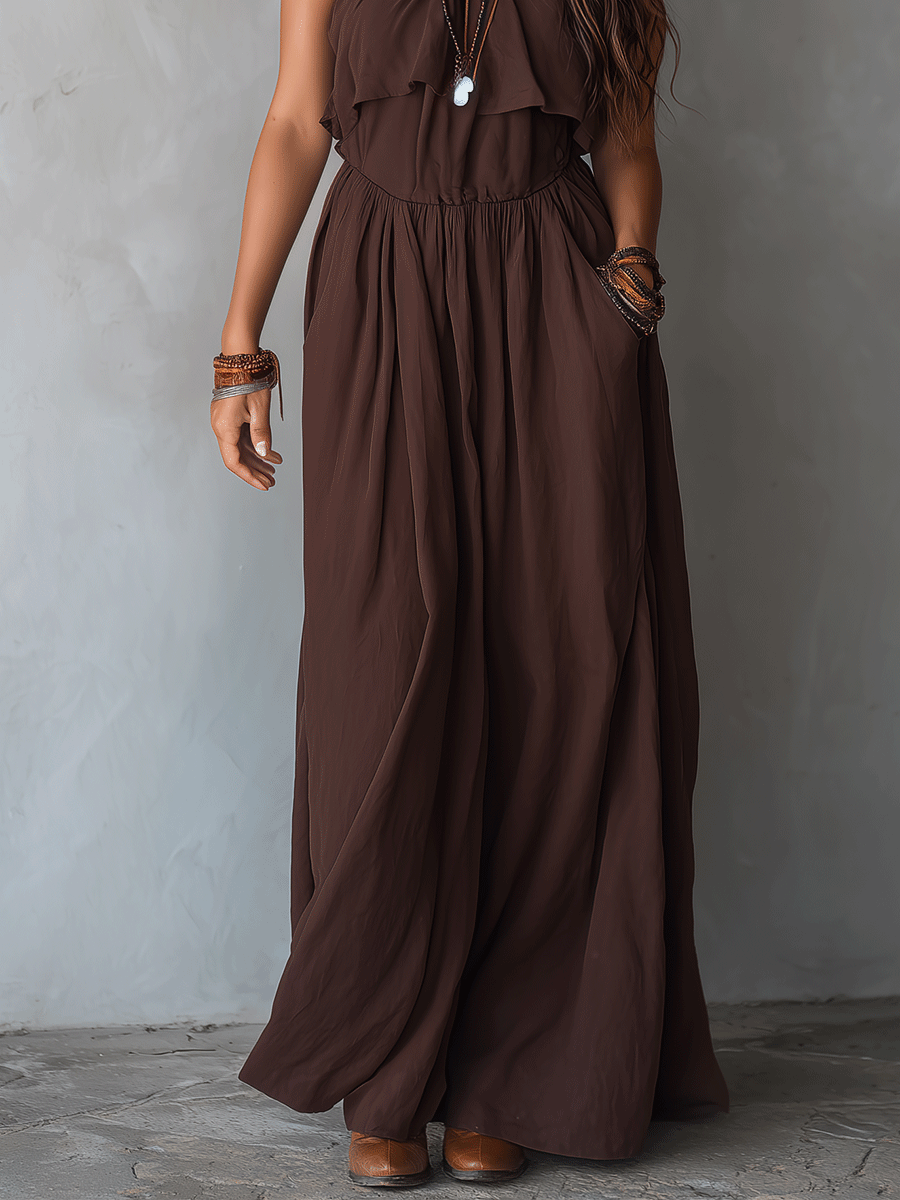 Elegant Vacation Espresso Brown Pleated Halter Maxi Dress