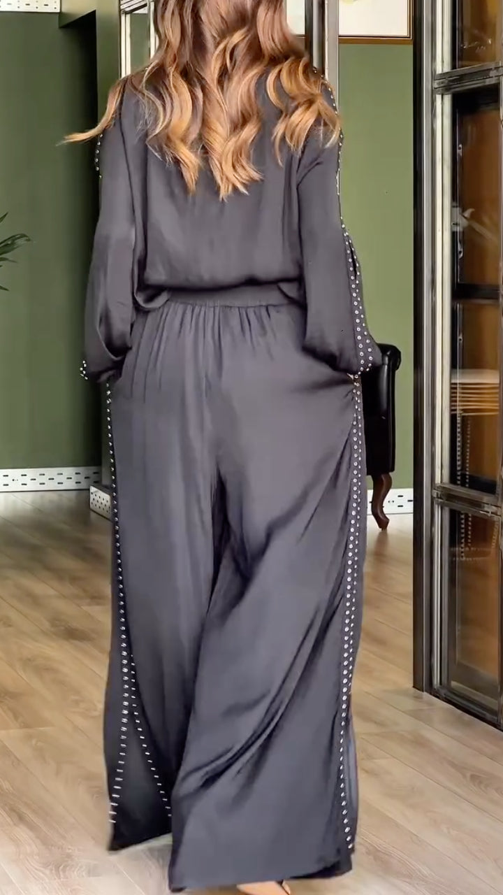 Studded Cold Shoulder Top Wide Leg Pants Set