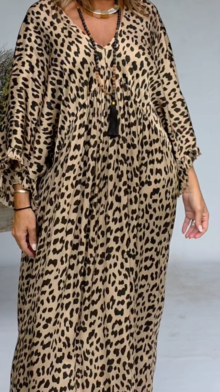 Leopard Print Batwing Sleeve Oversized Maxi Dress With Tassel