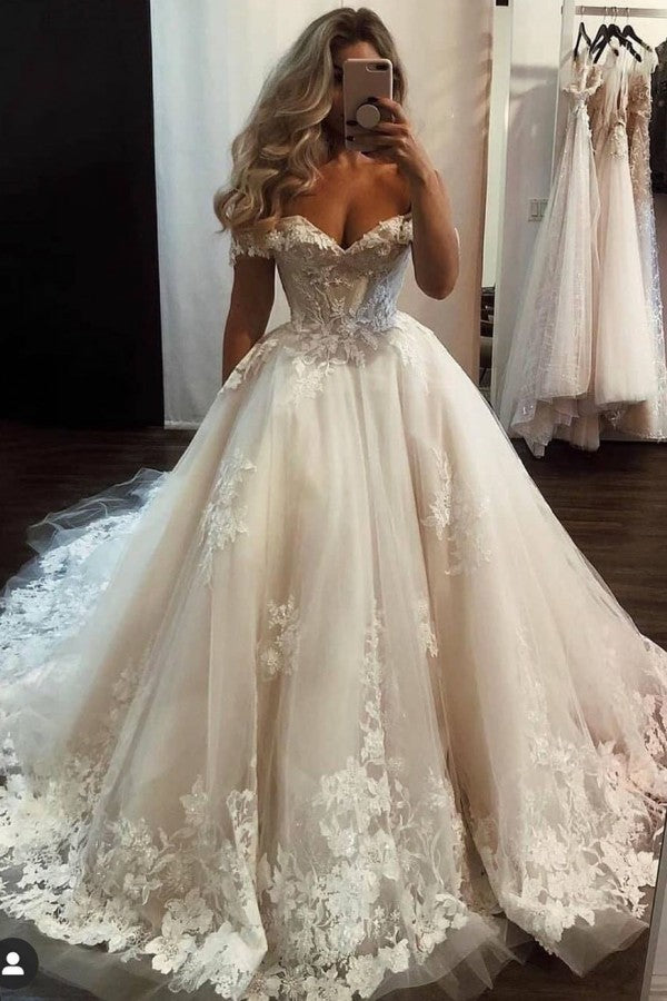 Daisda Luxury Long A-line Off-the-shoulder Wedding Dress With Tulle Lace