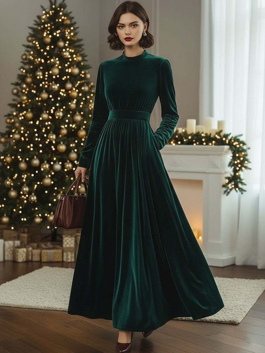 [24-hour shipping out]Stand Collar Loose Party Pocket Solid Velvet Long Sleeve Maxi Dress