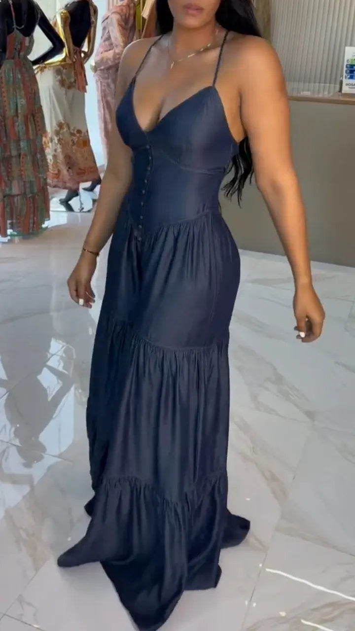 Denim Spaghetti Strap Button Down Tiered Wide Leg Jumpsuit