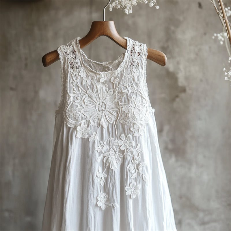 Flowers Lace Art Patchwork Linen Tank Dress